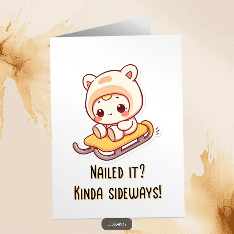 Funny free printable congratulations card showing a character making a comical face while sliding sideways on a sled, celebrating win.
