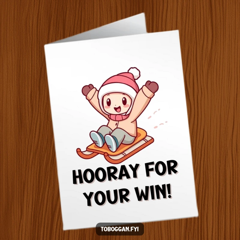Funny free printable congratulations card of a character zooming downhill on a sled with arms in the air.