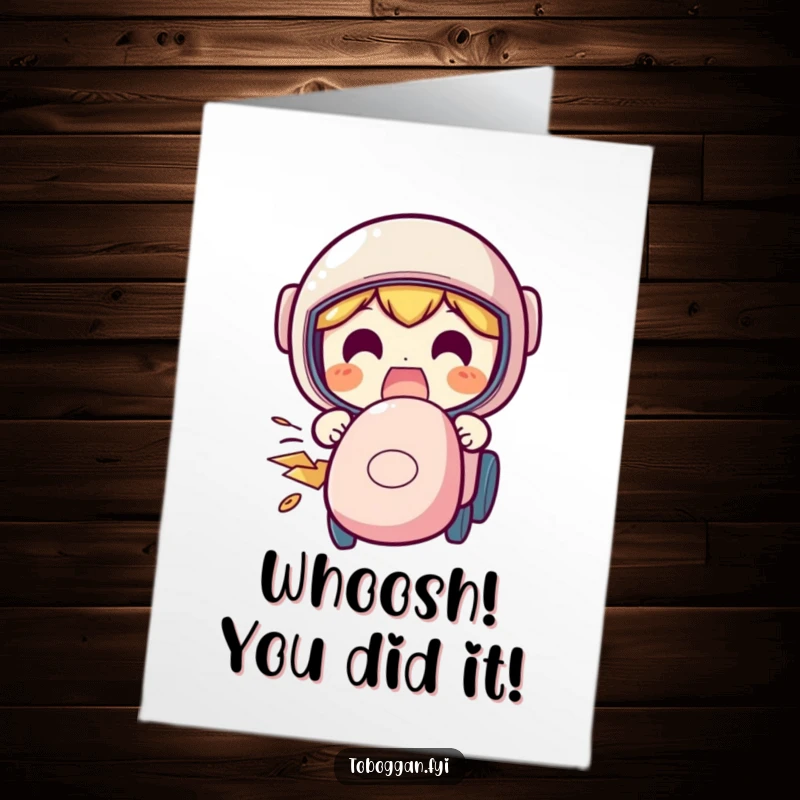 Funny free printable congratulations card showing a character with an incredibly excited face speeding down a hill on a sled.
