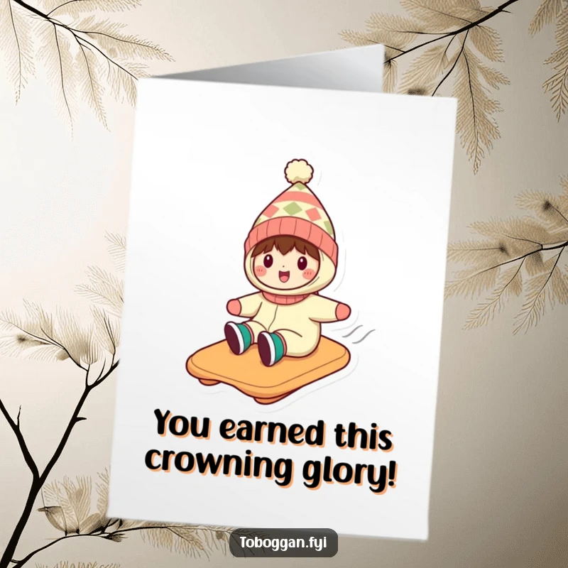 Funny Free Printable Congratulations Card: Character in a silly hat gleefully tobogganing, a hilarious way to say congrats.