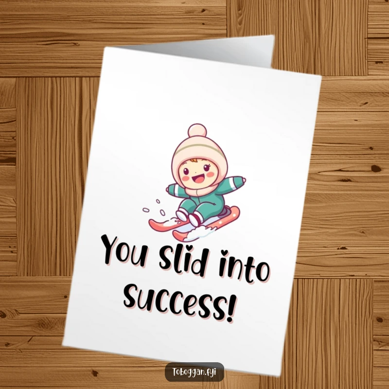 Funny Free Printable Congrats Card: Cheerful character speeding down a snowy hill, symbolizing a swift victory.