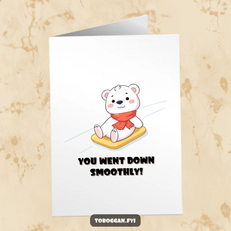 Funny Free Printable Congrats Card: A cheerful polar bear cub with a scarf slides down ice, a celebratory downloadable greeting.