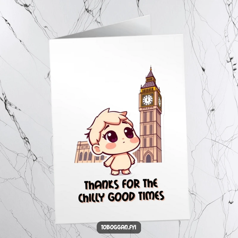 Funny Free Printable Thank You Card: Curious snowman on a toboggan looks up at snow, expressing funny gratitude.