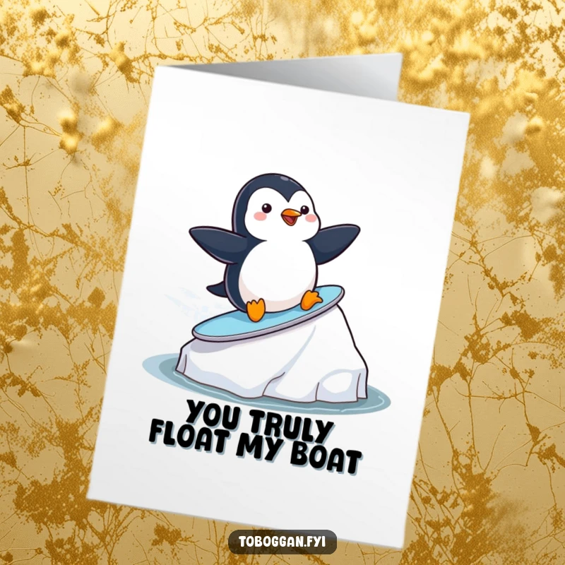 Funny Free Printable Penguin Thank You Card: A playful penguin surfs an iceberg, sending cool thanks.