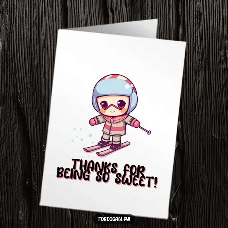 Funny Free Printable Thank You Card: Determined candy cane character hilariously skiing uphill, a sweet way to thank someone for their effort.