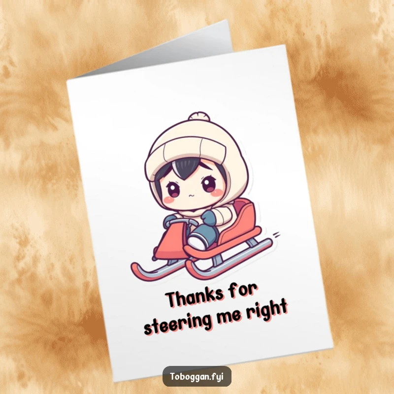 Funny Free Printable Thank You Card: Character steering a sled with intense, exaggerated concentration. A focused downloadable thank you.