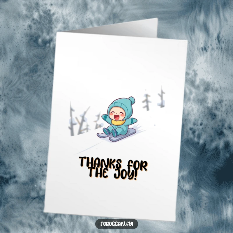 Funny free printable thank you card showing a character laughing while sliding quickly down a snowy slope.