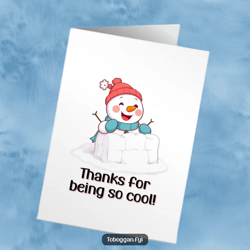 Funny Free Printable Thank You Card: Cheerful snowman comically building a tiny snowball fort, offering thanks.