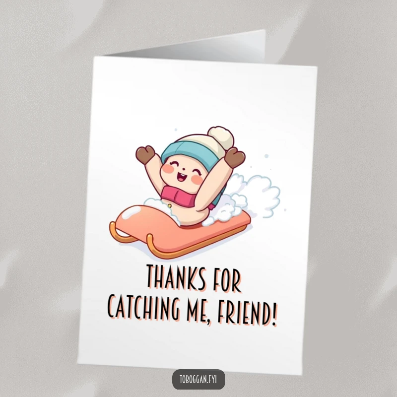 Funny Free Printable Thank You Card: Character happily falling backwards into soft snow from a sled, a comical thank you.