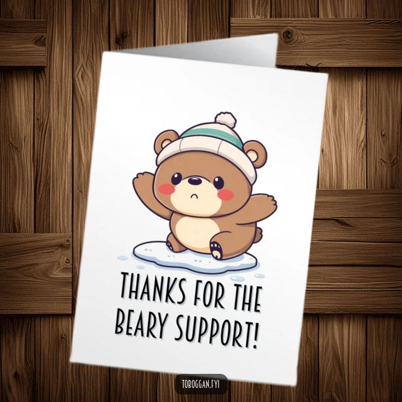 Funny Free Printable Thank You Card: Startled bear wearing a tiny toque comically slips on ice, sending thanks.
