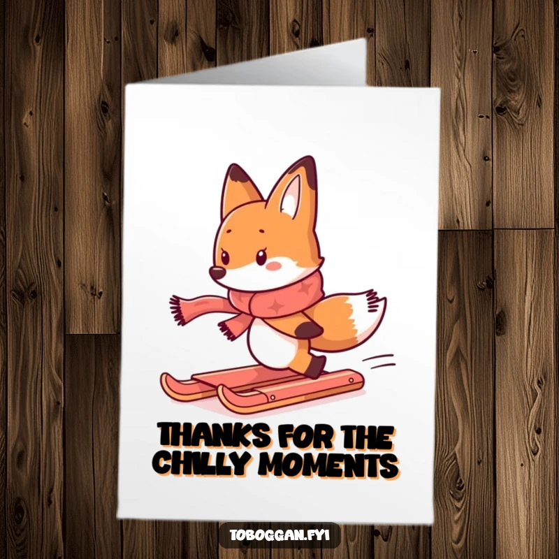 Funny Free Printable Thank You Card: Determined Scarf-wearing Fox Hilariously Chasing a Runaway Toboggan