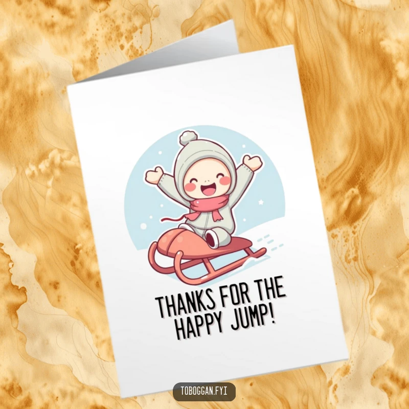 Funny Free Printable Thank You Card: Character mid-joyful jump from a sled, rosy-cheeked and beaming, conveying thanks with enthusiasm.