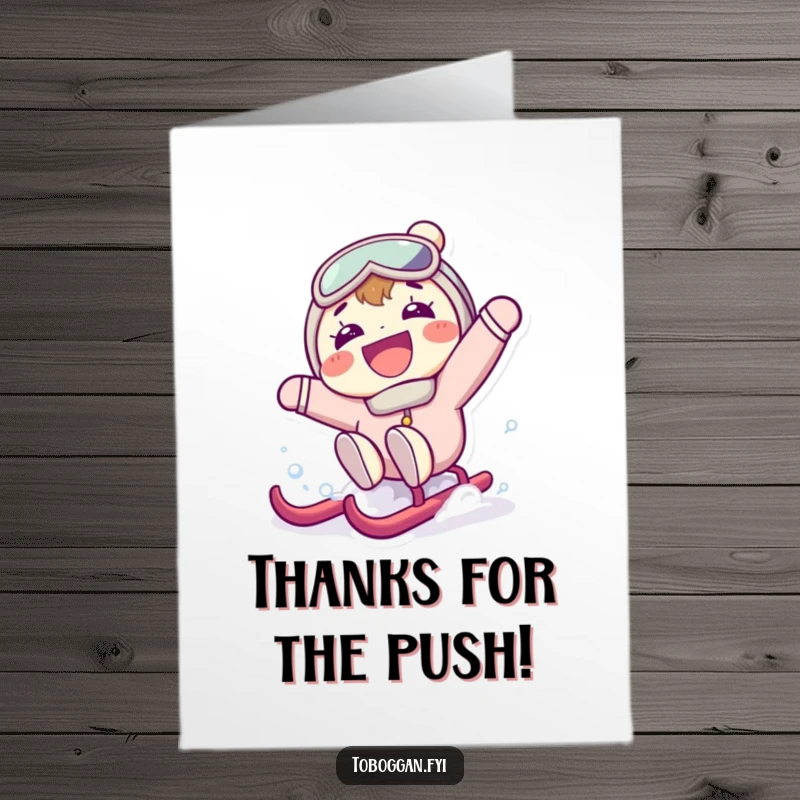 Funny Free Printable Thank You Card: Grinning character falling backwards off a sled in surprise, expressing thanks.