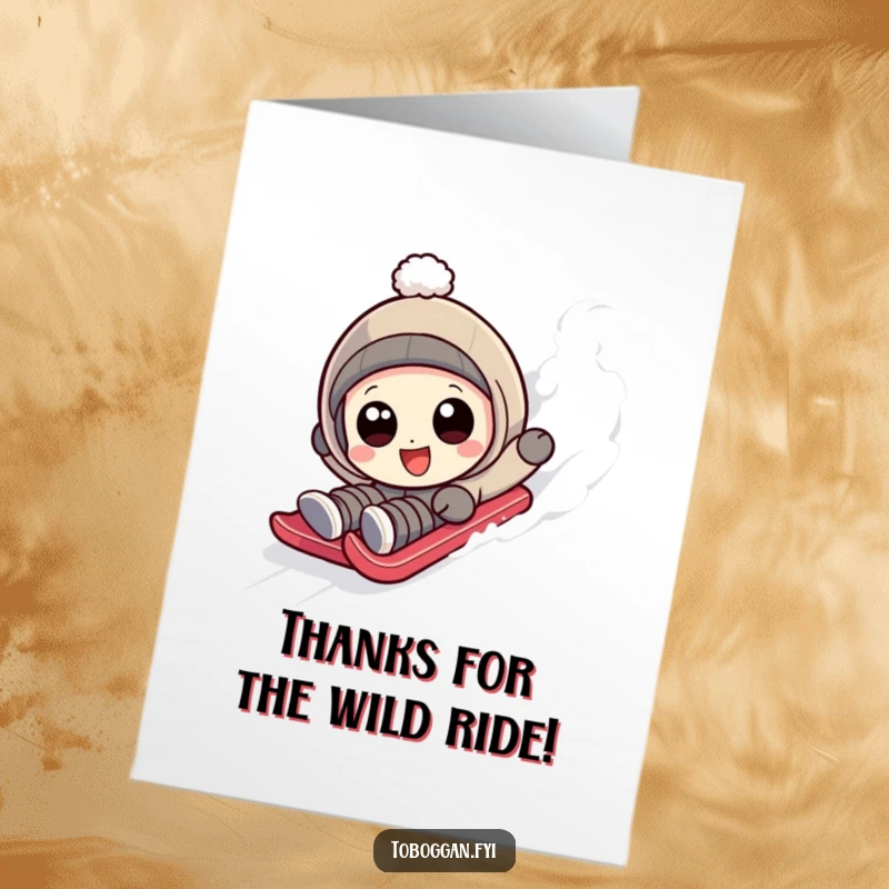 Funny Free Printable Thank You Card: Character with wide, happy eyes hilariously tumbling down a sledding slope.