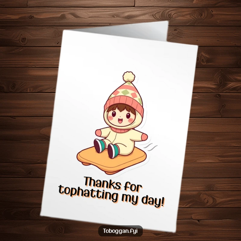 Funny Free Printable Thank You Card: Character in a silly hat on a toboggan, conveying thanks with a comical slide.
