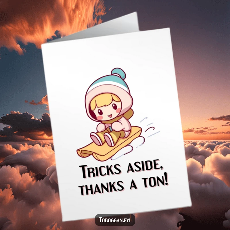 Funny Free Printable Thank You Card: A character performs a silly trick on a toboggan, conveying thanks with humorous charm.