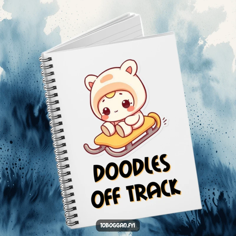 Funny notebook with a character's comical face during a sideways sled slide, ideal for humorous journaling.