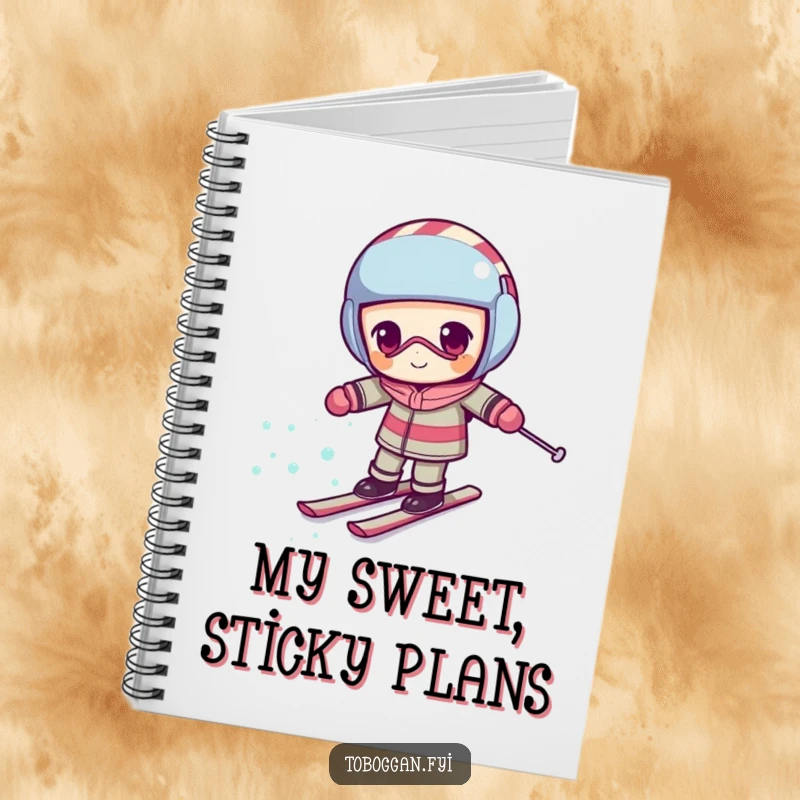 Funny candy cane notebook with a determined character comically skiing uphill, great for jotting down goals.