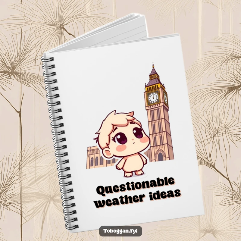 Funny notebook with a curious character on a toboggan, questioning falling snowflakes, ideal for jotting down winter ideas.