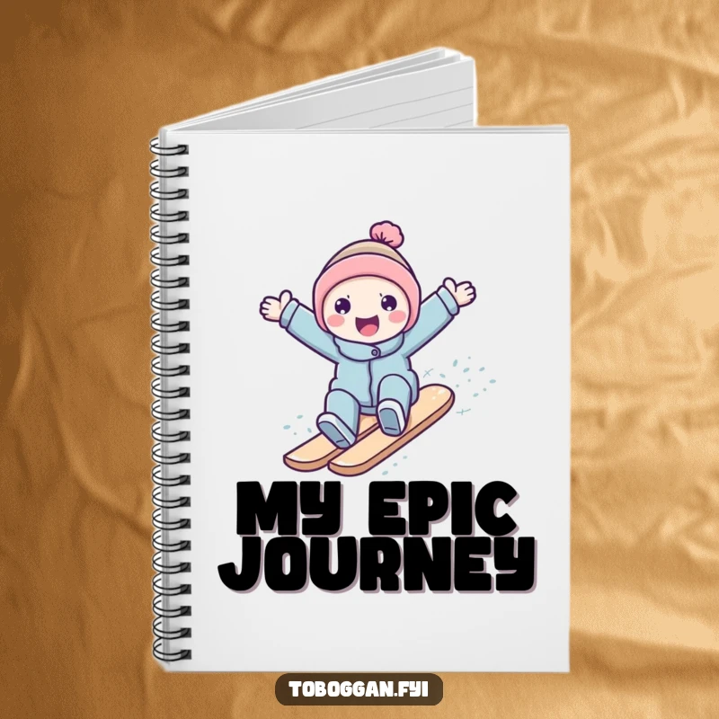Funny character surfing down a snowy slope on a notebook cover, inspiring winter adventures and ideas.