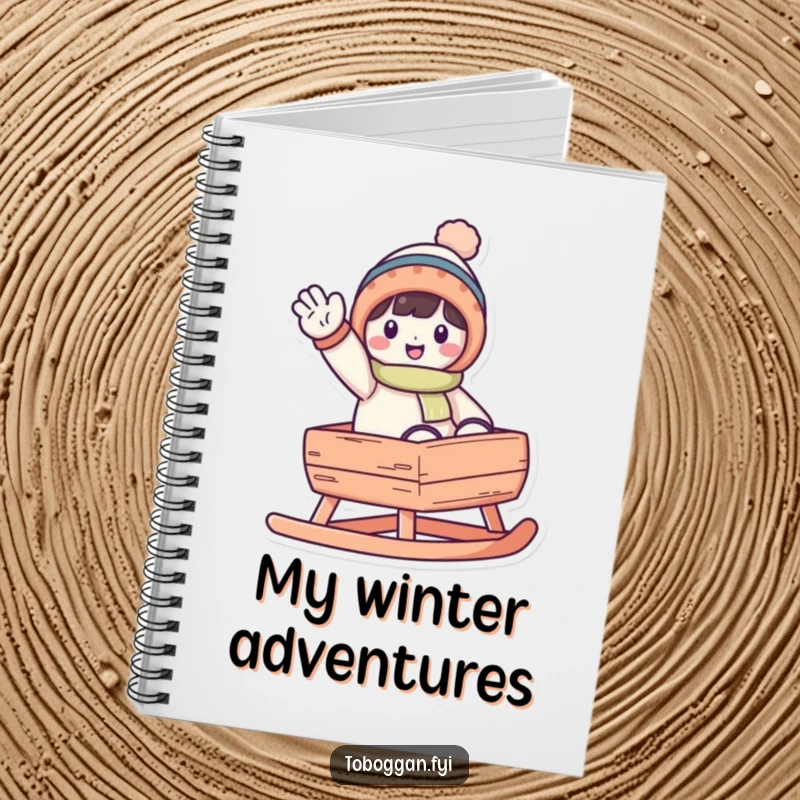 Funny waving toboggan character notebook, great for notes and ideas, featuring a cheerful character waving from a toboggan.