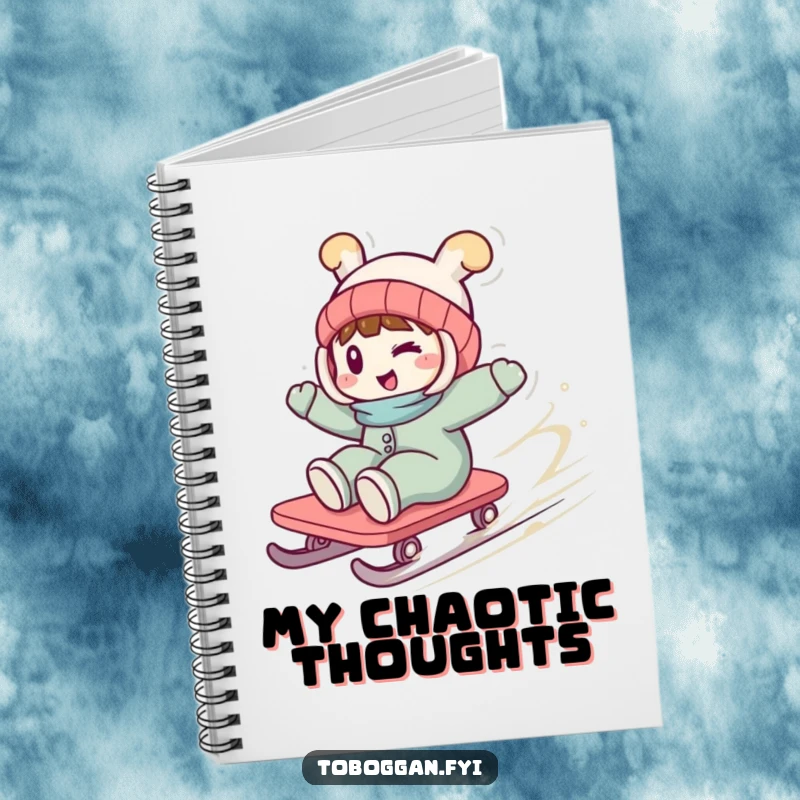 Funny notebook cover featuring a character with a playful wink, spinning wildly on a toboggan, inspiring creative and dynamic ideas.