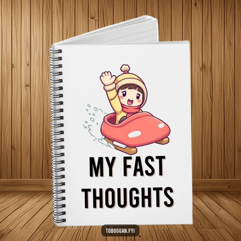 Funny Notebook: Character on a toboggan, capturing the speed of thought and enthusiastic note-taking.