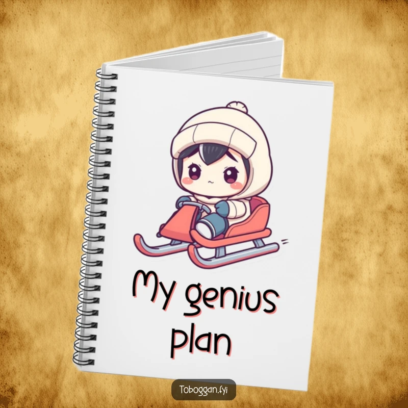 Funny notebook cover featuring a character steering a sled with exaggerated concentration, perfect for focused note-taking.