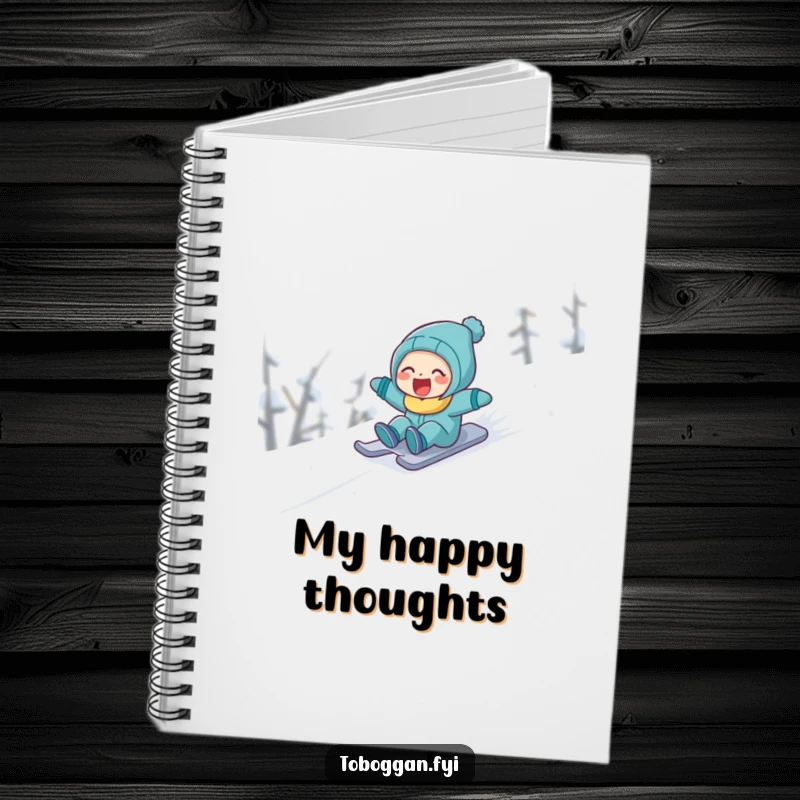 Funny character laughing while sledding down a snowy slope, featured on a notebook for capturing joyful thoughts.