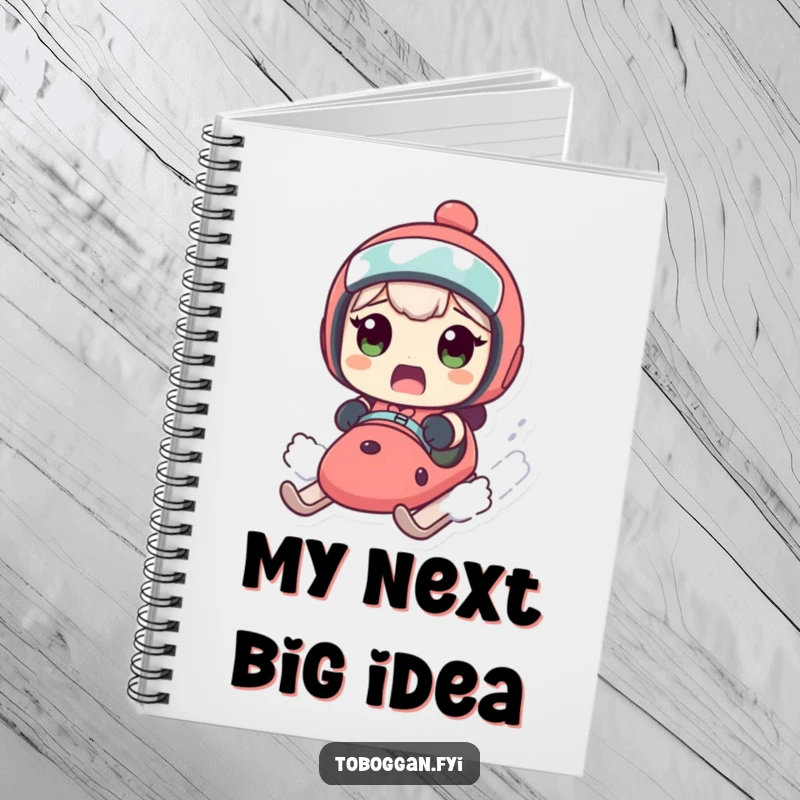 Funny notebook with a character's astonished look on a swiftly moving sled, ideal for humorous note-taking.