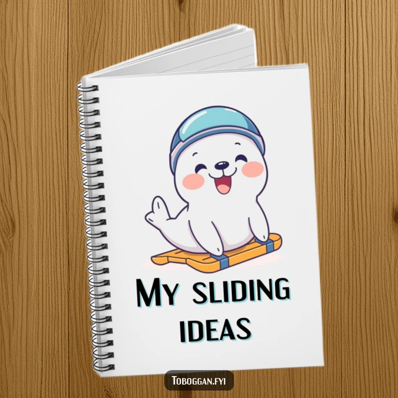 Funny delighted seal in a helmet trying to slide on a notebook, perfect for journaling with a touch of winter humor.