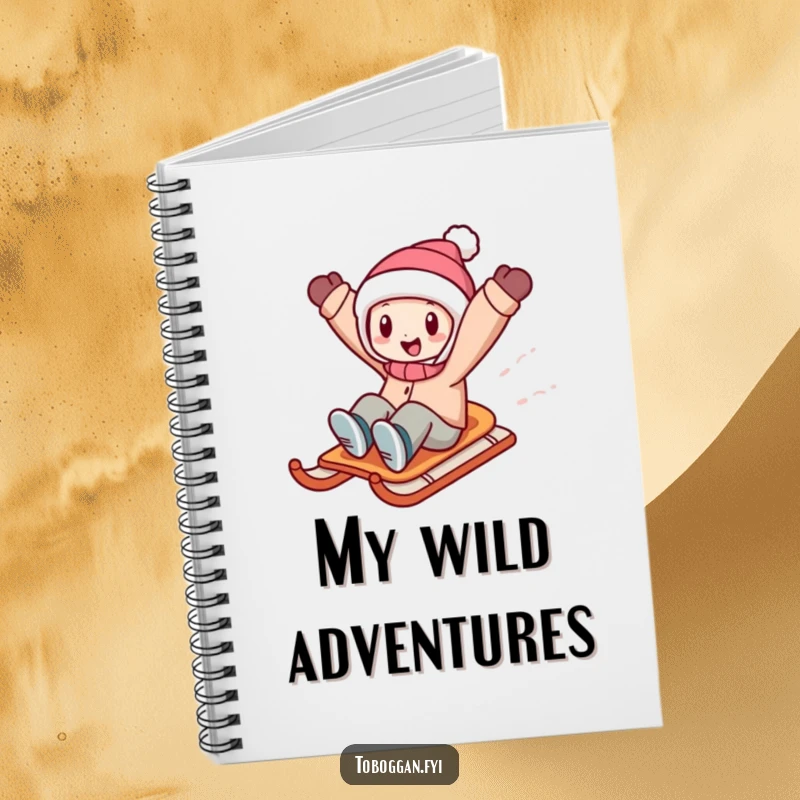 Funny character sledding with arms outstretched in exhilaration, captured on a notebook for recording adventures and ideas.