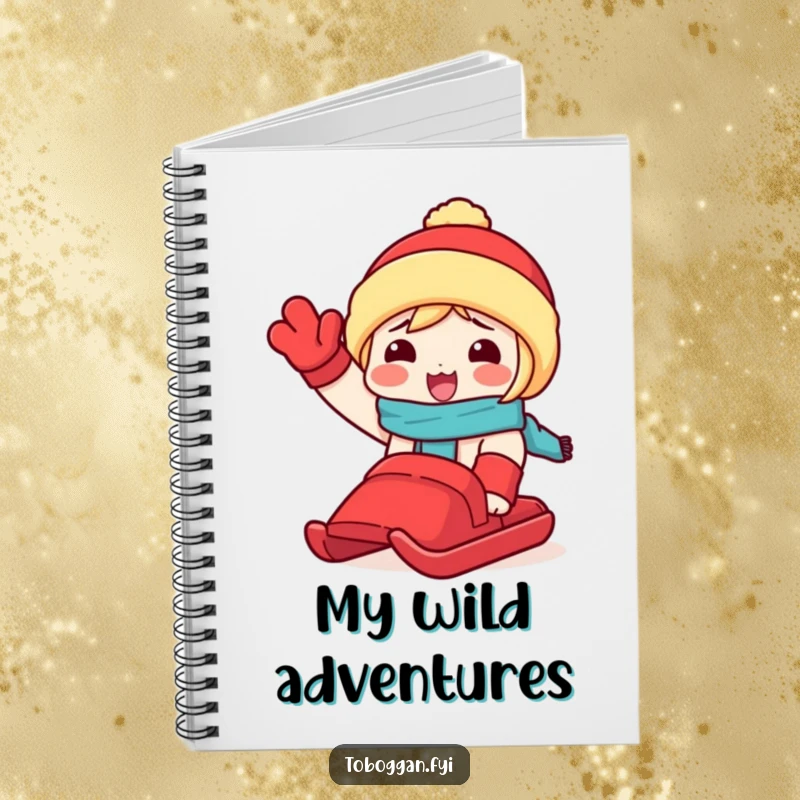 Funny notebook featuring a character excitedly waving a red toboggan, ideal for jotting down winter plans and creative ideas.