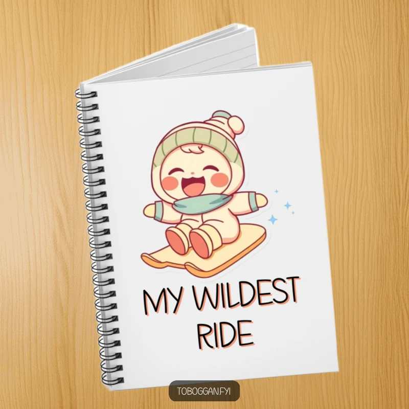 Funny notebook cover showing a character laughing while sliding down a snowy hill, inspiring creative and humorous notes.