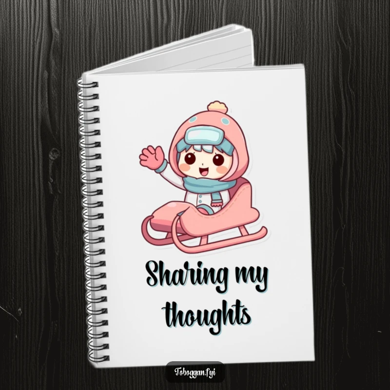 Funny sledding character notebook with a friendly character sharing a sled and waving, perfect for jotting down notes with winter cheer.