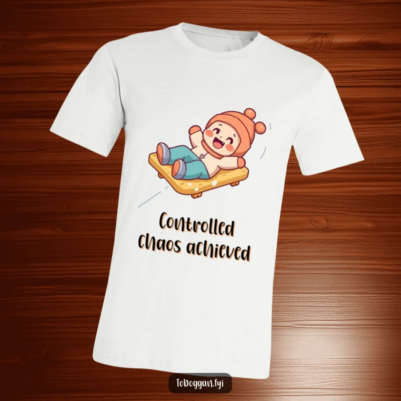 Funny t-shirt featuring a happy character comically tumbling playfully off a toboggan, capturing a moment of joyful chaos.