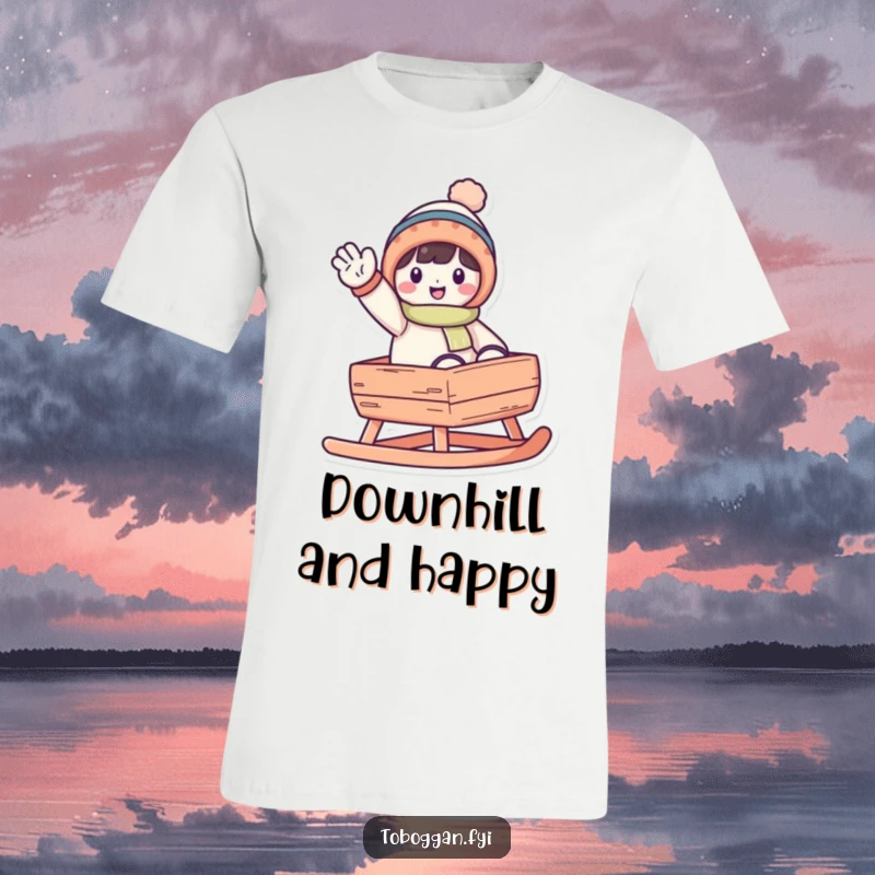 Funny waving toboggan character t-shirt featuring a cheerful character happily waving from the back of a toboggan.