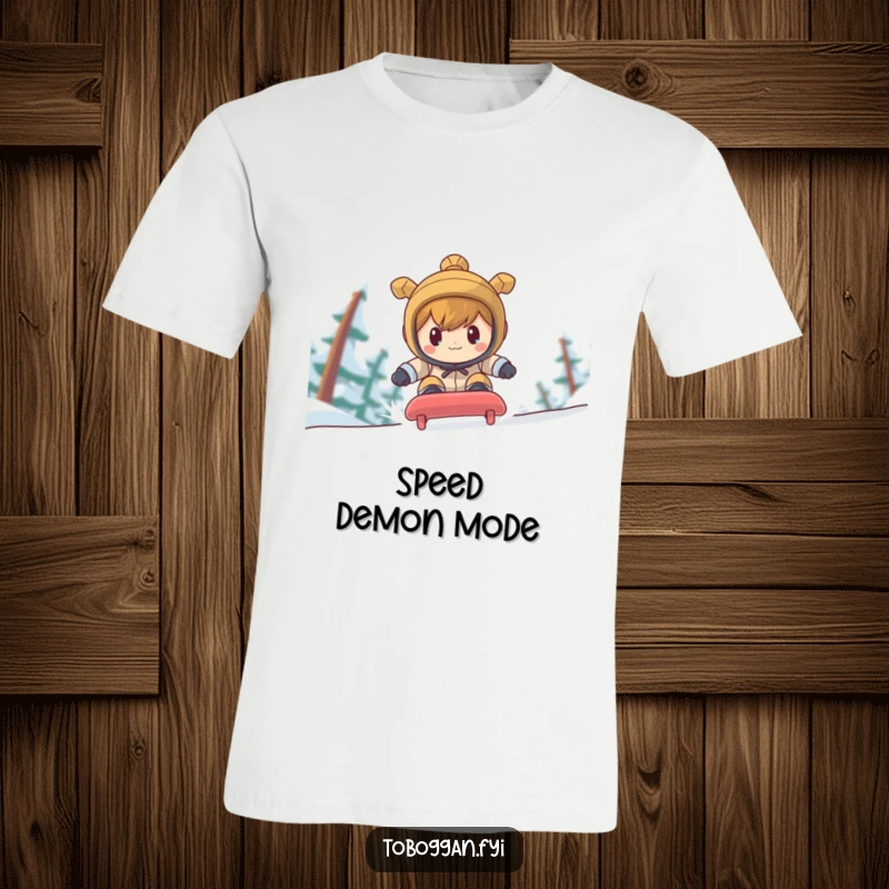 Funny character with a determined expression speeding down a steep toboggan run on a humorous t-shirt.