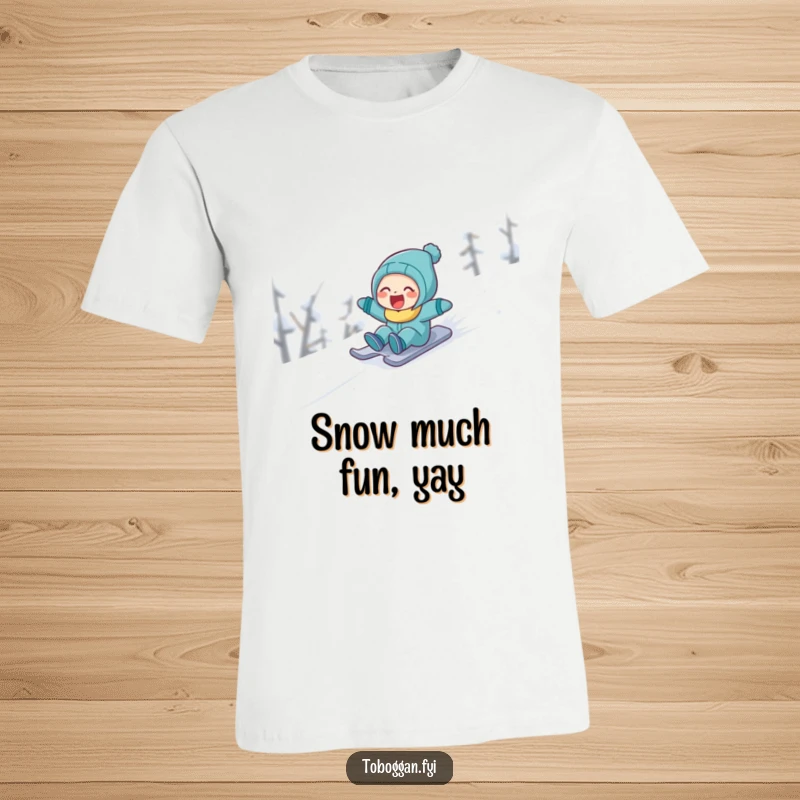 Funny character's face beaming with laughter as they quickly glide down a snow-covered slope on a sled.