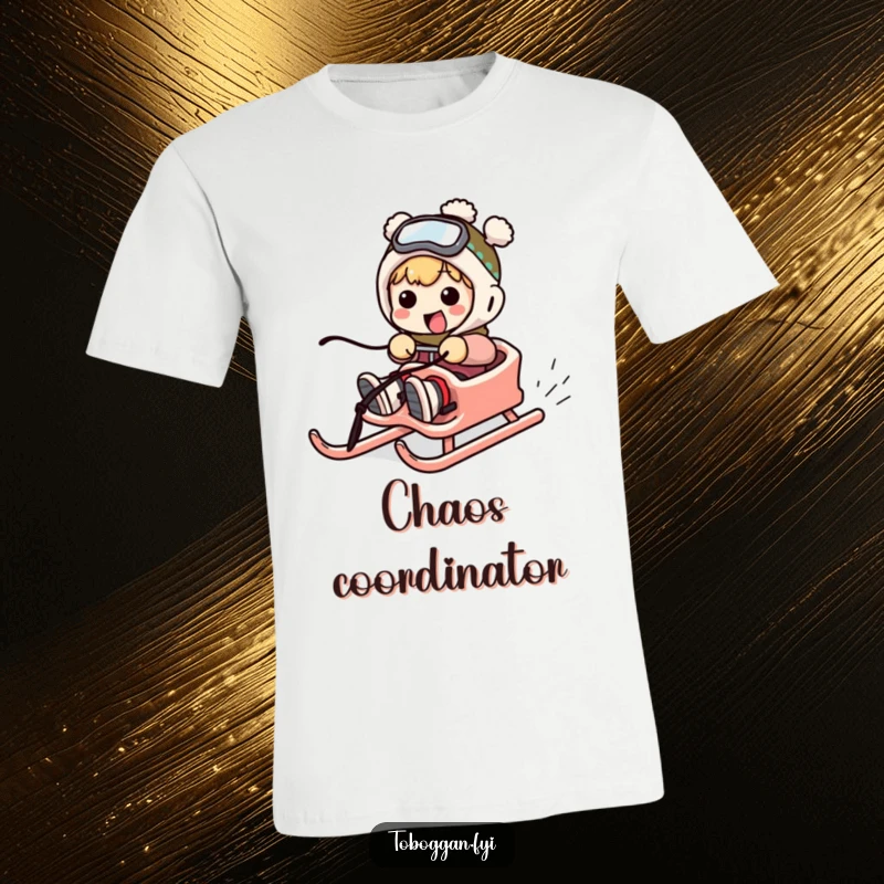 Funny t-shirt showing a character in exaggerated motion, failing comically to steer a sled down a snowy slope.