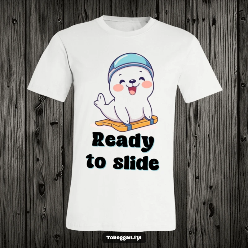 Funny delighted seal in a helmet trying to slide on a t-shirt, ideal for winter sports fans and lovers of cute, humorous animal designs.