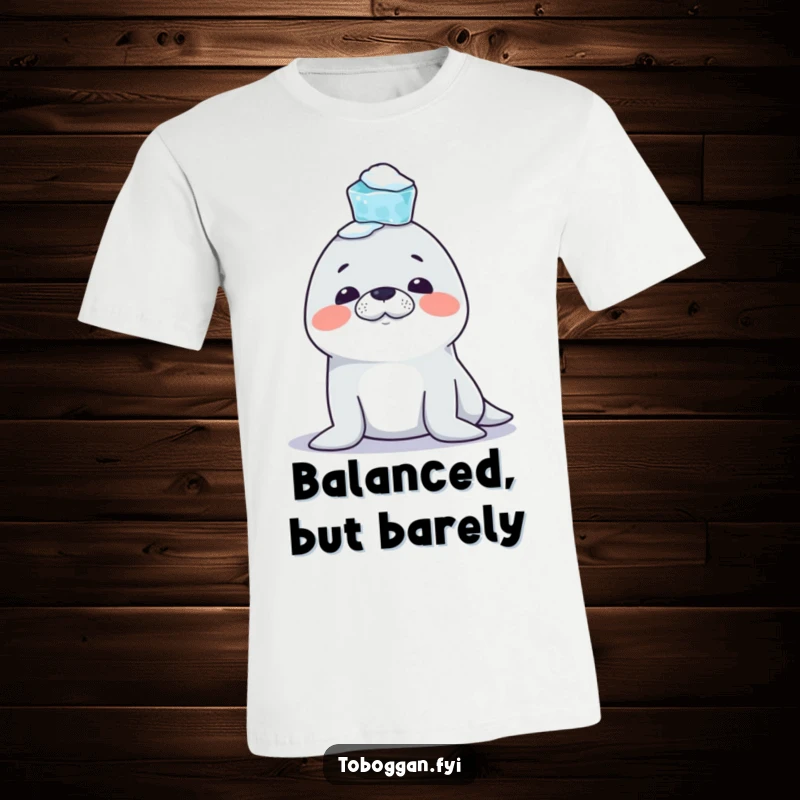 Funny Seal T-Shirt: A mischievous seal character is depicted balancing a stack of icicles on its nose, embodying playful arctic antics.
