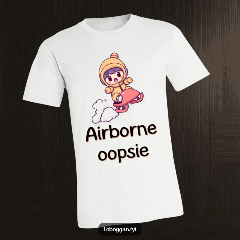 Funny t-shirt featuring a character with a shocked expression as their sled flies high over a small bump, illustrating a surprise aerial moment.