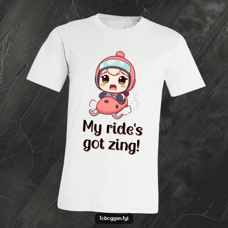 Funny t-shirt with a character looking shocked as their sled speeds up uncontrollably, embodying hilarious winter adventure.