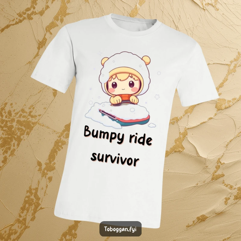 Funny t-shirt illustrating a cute character comically covered in snow after a thrilling, bumpy winter ride, showcasing winter humor.