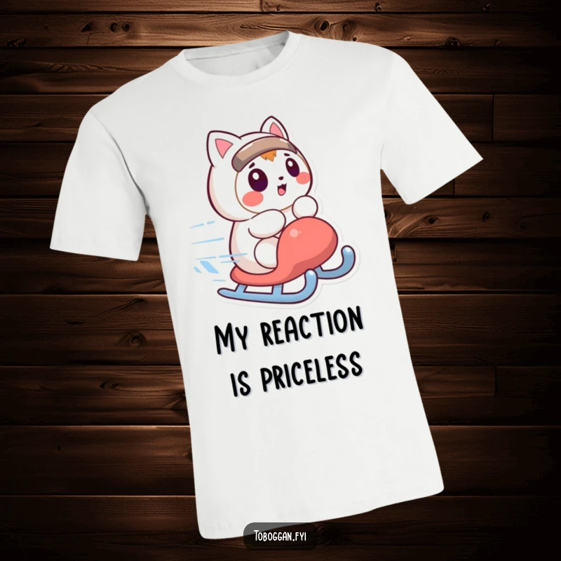 Funny t-shirt with a character looking surprised as their sled spins quickly, a hilarious and relatable winter clothing gift.