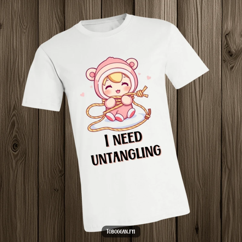 Funny t-shirt depicts a character comically tied up in their own sled rope, showcasing a humorous and slightly disastrous winter situation.