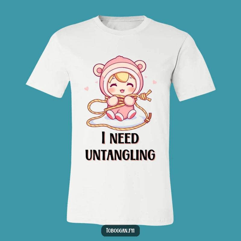 Funny Tangled Sledding T-Shirt: Hilarious Rope Mishap Character Tee