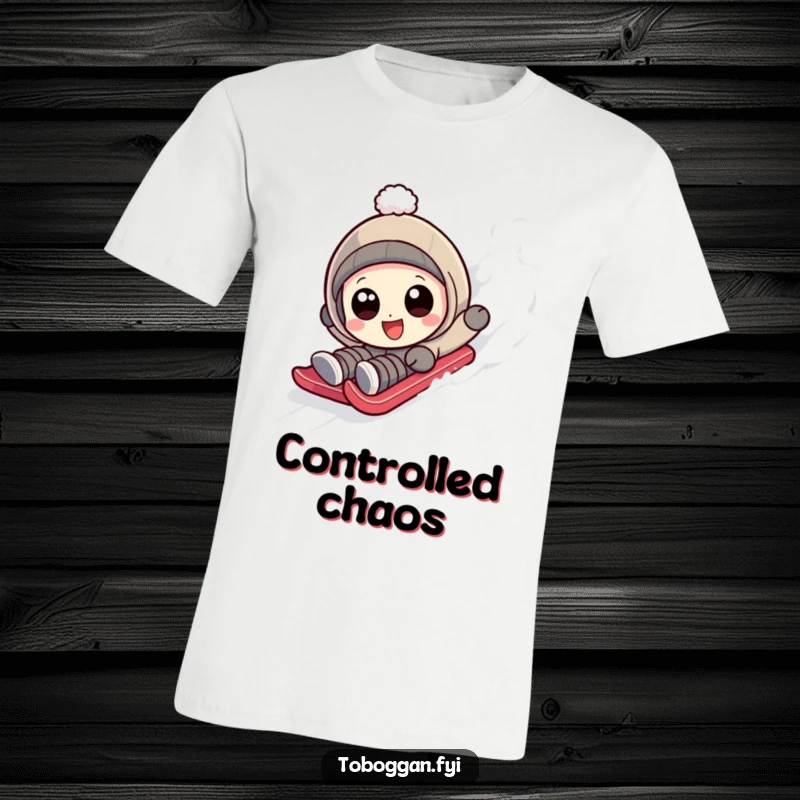 Funny character with wide, happy eyes tumbling hilariously down a sledding slope on a t-shirt.
