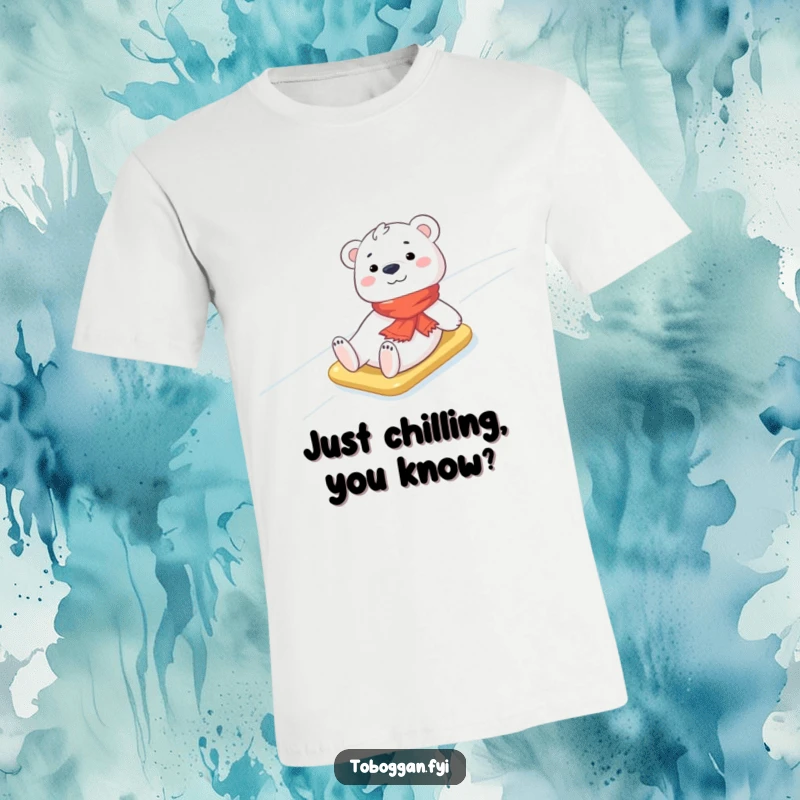 Funny Polar Bear T-Shirt: A cheerful polar bear cub wearing a tiny scarf slides down an icy slope, radiating pure winter joy.
